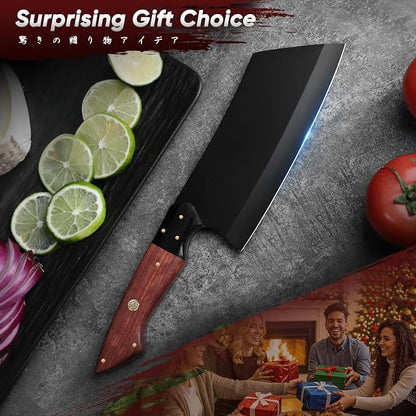 TIVOLI Meat Cleaver Knife 7inch - Black Butcher Knife for Meat Cutting - Japanese High Carbon Steel Cleaver for Vegetables Chopping - Kitchen Cooking Knives with Wooden Handle - Gift for Men and Women