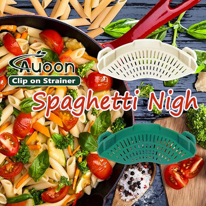 AUOON Clip On Strainer Silicone for All Pots and Pans, Pasta Strainer Clip on Food Strainer for Meat Vegetables Fruit Silicone Kitchen Colander (White)