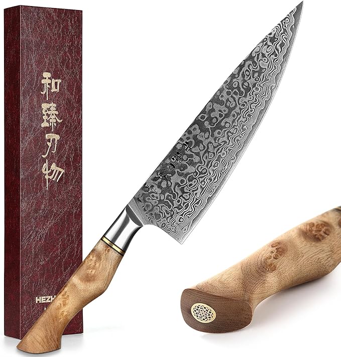 HEZHEN Damascus Chef Knife, 8.3 Inches | 67 Layers Damascus Steel, VG10 Gyuto Knife, Master Series, Figured Sycamore Wood Handle, Razor-Sharp Blade