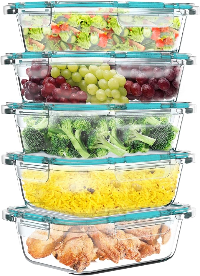 Classic Cuisine Glass Food Storage Containers-5, One Compartment Portion Control Meal Prep Glassware with Snap Shut Lids-Microwave, Dishwasher Safe Clear
