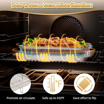 Air Fryer Basket for Oven, OPENICE 2 Set Oven Air Fryer Basket and Tray with 60 Pcs Parchment Papers, Air Fryer Pan Crisper Tray Set for Crisping, Frying - Golden