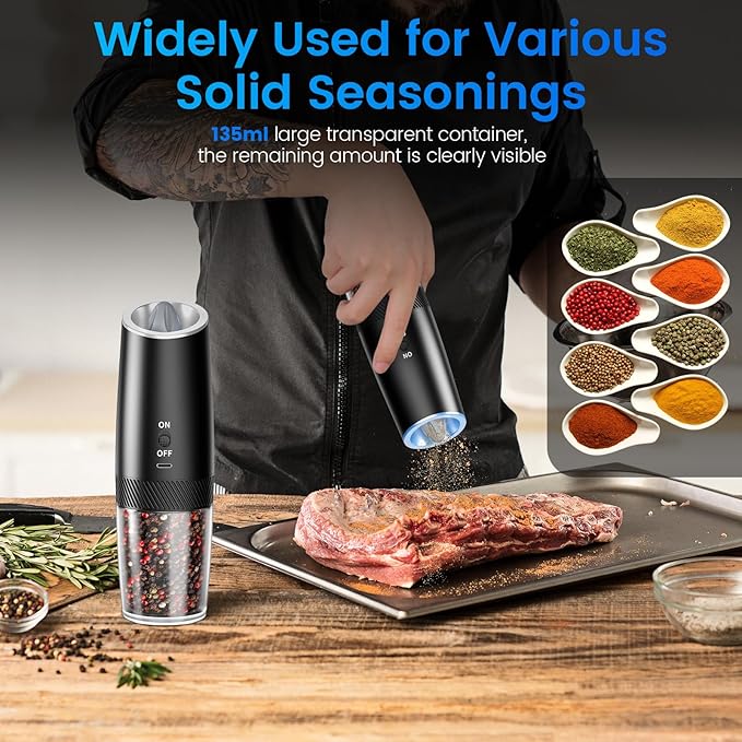 MealHelper Rechargeable Gravity Electric Salt and Pepper Grinder Set with LED Light, Type-C Fast Charging, Adjustable Coarseness, Large Capacity Grinder for Kitchen, Restaurant & Outdoor, (2 Pack)