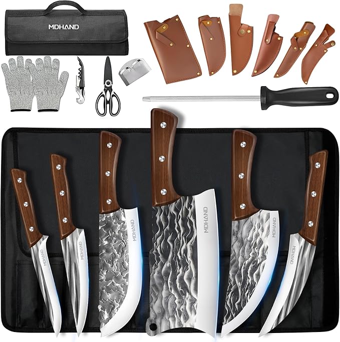 MDHAND Butcher Knife Set, Hand Forged Butcher Chef Knife Set with Roll Bag, Sharp Heavy Duty Meat Cleaver Knife & Bone Chopper Knives & Fillet Knives for BBQ, Outdoor Camping, Gifts for Men Women