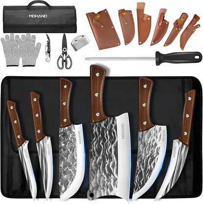 MDHAND Butcher Knife Set, Hand Forged Butcher Chef Knife Set with Roll Bag, Sharp Heavy Duty Meat Cleaver Knife & Bone Chopper Knives & Fillet Knives for BBQ, Outdoor Camping, Gifts for Men Women