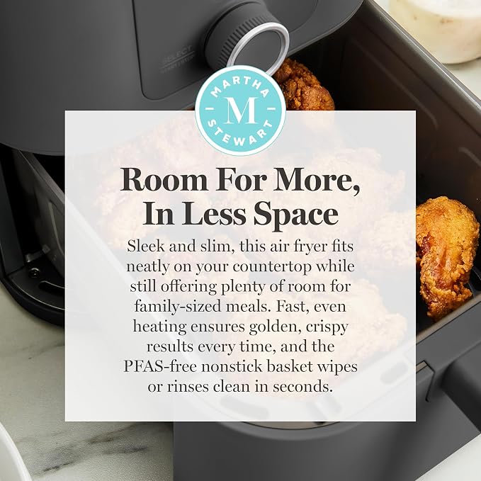 Martha Stewart 6QT Air Fryer, 6-in-1, Bake, Broil, Roast, Air Fry, Dehydrate, Reheat, Ceramic Non-Stick Basket, Crispy Results Fast, 400°F Max Temp, Shake Reminder, Caviar Gray