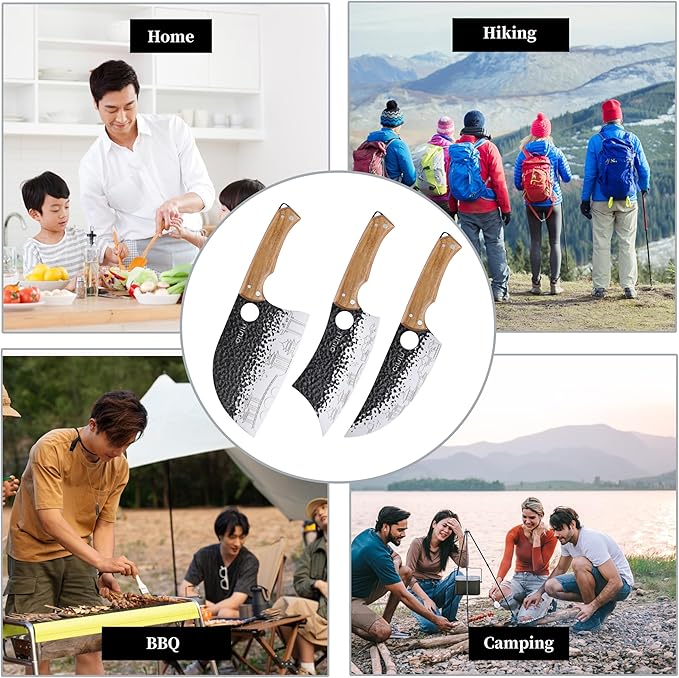 OLULU 3PCS Butcher Knife Set, 7" Butcher Meat Cleaver, 7" Serbian Chef Knife and 6.5" Viking Knife, Kitchen Knife Set with wood Handle, Great for Indoor & Outdoor (Unique Pattern)