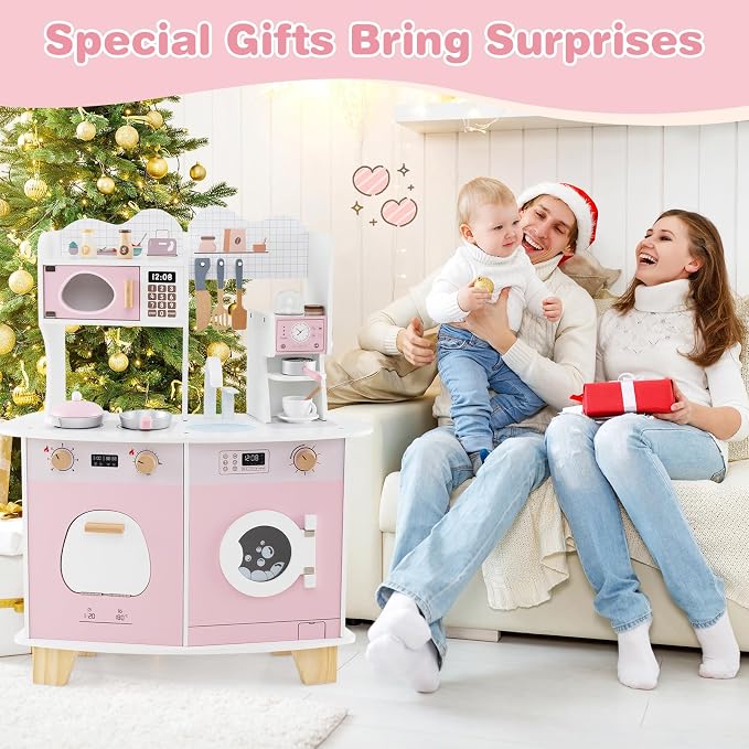 Costzon Play Kitchen, Wooden Toy Kitchen Set with Coffee Maker Playset, Washing Machine, Microwave, Oven, Pretend Play Cooking Accessories, Kids Kitchen Playset, Gift for Boys Girls (Pink)