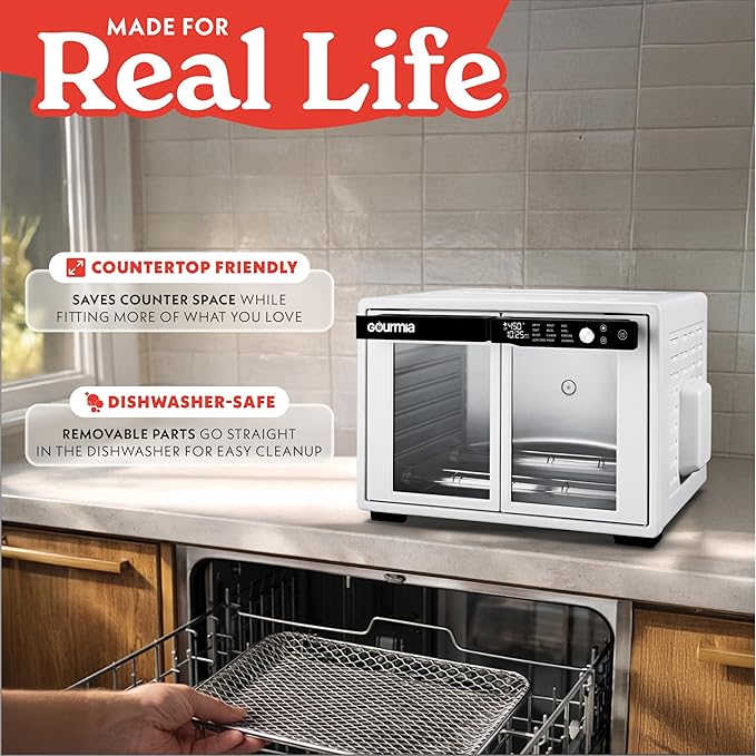Gourmia French Door Air Fryer Oven - 37 Qt Large Capacity Convection Toaster Oven, FryForce 360°, Digital Display, 12 Cooking Presets, Dehydrate, Fits 13” Pizza, Dishwasher-Safe, White