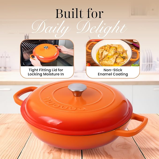 Shallow Cast Iron Casserole with Lid – Non Stick Dutch Oven Pot, Oven Safe up to 500° F – Sturdy Ovenproof Stockpot Cookware – Enamelled Cooking Pot – Orange, 5-Quart, 32cm – by Nuovva