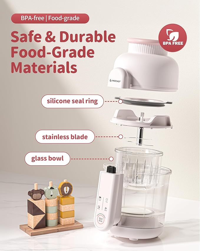 AMZCHEF Baby Food Maker with Auto Steam & Blend, 9-in-1 Baby Puree Maker with Food-grade glass, BPA-Free & Easy Cleaning, Touch Screen, Dishwasher Safe, Off-white