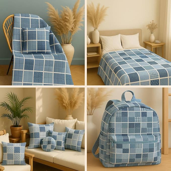 Cotton Satin Patchwork Fabric Panel – 35 Designs, 20×20 cm Squares, Single Piece 150×110 cm, Blue Patchwork Quilt Fabric (Blue Harmony Patchwork Set, 35pcs 8x8 inch)
