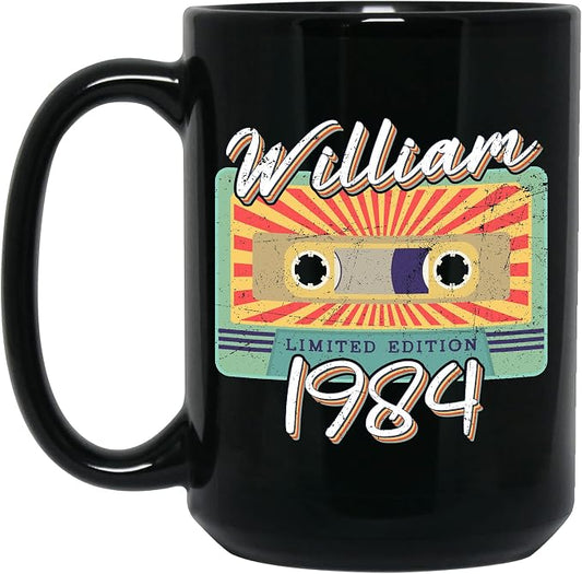 Personalized Vintage Cassette Tape Vintage 1984 Mug, Custom Your Name, 1984 Retro Coffee Mug, 38th Birthday Present Gifts, 1984 Birthday Gift For Friends Family, Customizable Black Tea Cups