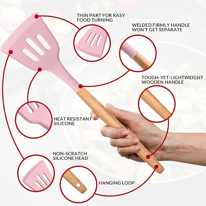 E-far Kitchen Utensils Set of 12, Silicone Cooking Utensils with Holder, Non-stick Cookware Friendly & Heat Resistant, Includes Spatula Tong Whisk Ladle Brush Slotted Turner Spoon(Pink)