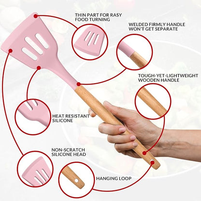 E-far Kitchen Utensils Set of 12, Silicone Cooking Utensils with Holder, Non-stick Cookware Friendly & Heat Resistant, Includes Spatula Tong Whisk Ladle Brush Slotted Turner Spoon(Pink)