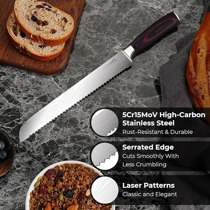 DiiHAUZZ Bread Knife, 10 Inch High Carbon Steel Blade, Pakkawood Handle | Ultra Sharp Serrated Edge, Ergonomic Handle, Roll Forged, Homemade Bread Loaf Bagel Cutter, Sourdough Slicer, Gift Box
