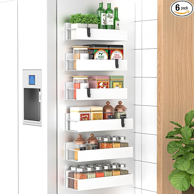 HuggieGems 6 Pack Magnetic Spice Storage Rack Organizer for Refrigerator and Oven, White Fridge Organizers and Storage