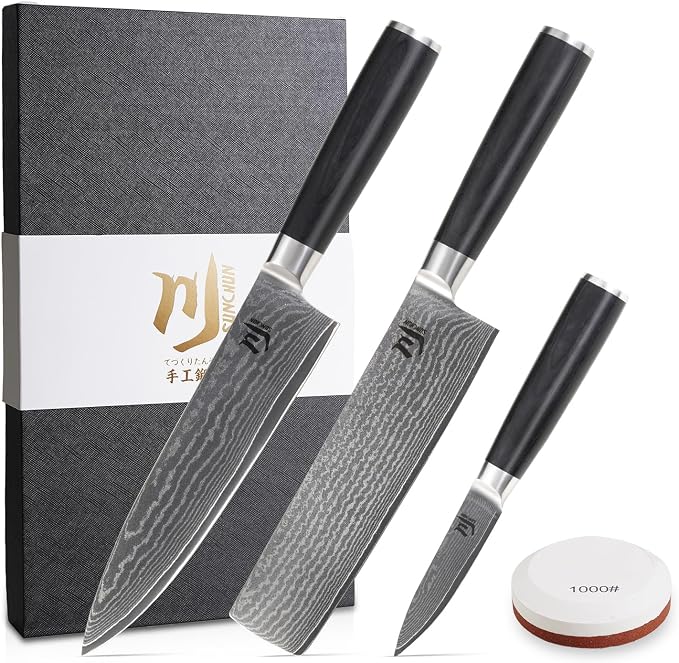 SUNCHUN 3-Piece VG-10 Damascus Kitchen Knife Set with Double-Sided Sharpening Stone – Nakiri, Chef & Paring Knives, 67-Layer Tsunami Wave Pattern, Black Pakka Wood Handles, 60±2 HRC (3-Piece-Set)