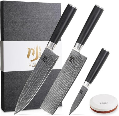 SUNCHUN 3-Piece VG-10 Damascus Kitchen Knife Set with Double-Sided Sharpening Stone – Nakiri, Chef & Paring Knives, 67-Layer Tsunami Wave Pattern, Black Pakka Wood Handles, 60±2 HRC (3-Piece-Set)