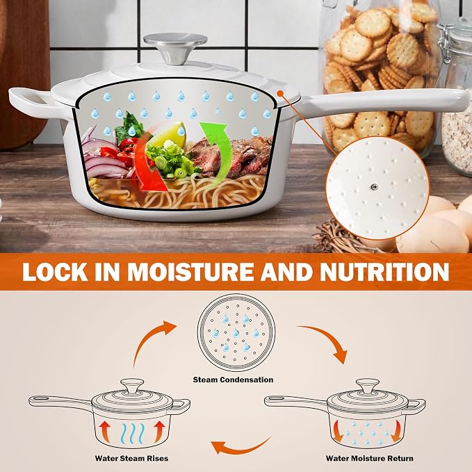 Homikit 3 Quart Saucepan with Lid, Enameled Cast Iron Saucepan for All Cooktops, Heavy Duty Cast Iron Pot for Kitchen Cooking, Boiling, Nonstick & Heat Resistant Up to 500°F, White