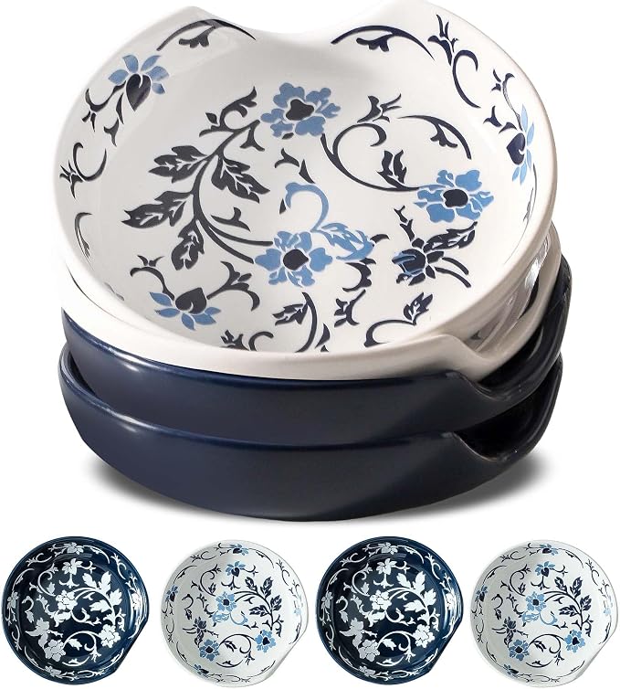 Spoon Rest Ceramic, 4.8 Inch Spoon Holder and Utensil rest for Stovetop, Vintage Spoon Rest Set of 4 for Spatula, Ladle, Kitchen Gadget Cooking Gift, Blue and White Floral Pattern, Kitchen Decor