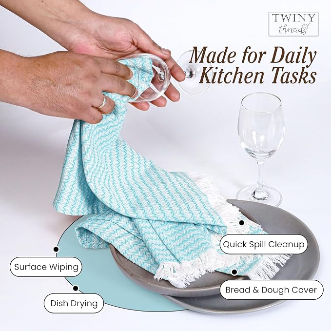 TWINY threads Dish Towel Chevron Weave, 12 Pack, Premium 100% Cotton Kitchen Linen Set, Large Dish Rags and Wash Rags, Absorbent Quick Drying, Machine Washable Dishcloth Set, 16"x26", Aqua Blue