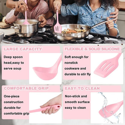 E-far Pink Silicone Cooking Utensils Set, 10-Piece Kitchen Utensil Set for Nonstick Cookware, Silicone Kitchen Tools with Spatula Turner Spoon Tongs Whisk, Heat Resistant & Non-Toxic, Dishwasher Safe