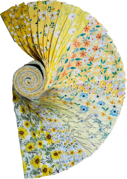 40 Strip Jelly Roll Fabric Strips for Sewing, 100% Cotton for Quilting Crafting, Precut Bundles2.5 x 44" Yellow Printed Fabric