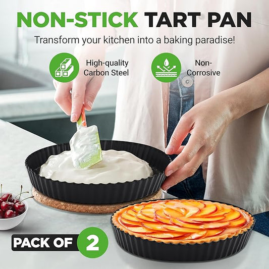 NutriChef 2 Round Tart Pans | 9 Inch Carbon Steel Tart Baking Trays with Removable Base | Nonstick & Even Heat Distribution | Includes 100 Parchment Papers | Height of 1 Inch | Black