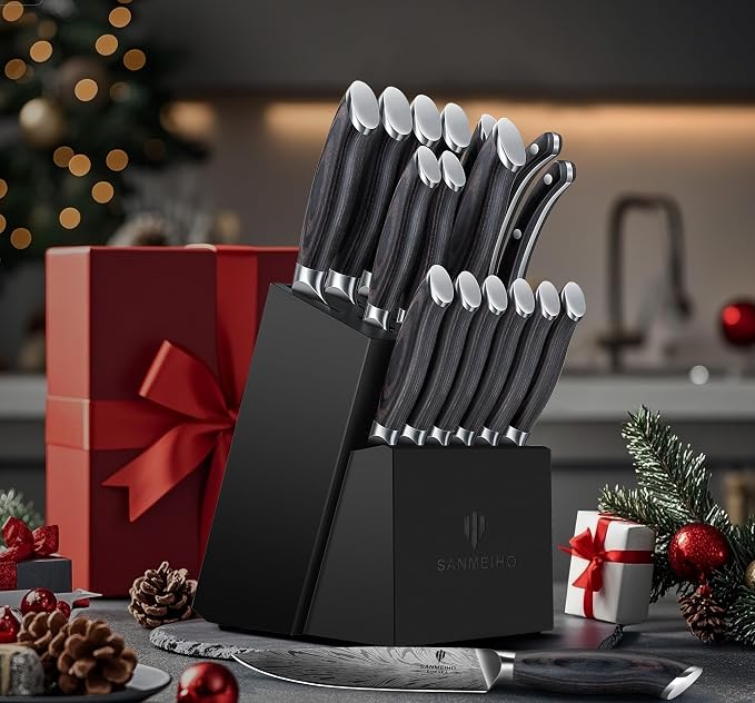 16 Pieces Knife Set, Knife Block Set in Powder Steel, Ultra Sharp Kitchen Knives Set, High Hardness Japanese Knife Set with Ergonomic Pakkawood Handle, Chef Knives Set for Kitchen Cooking