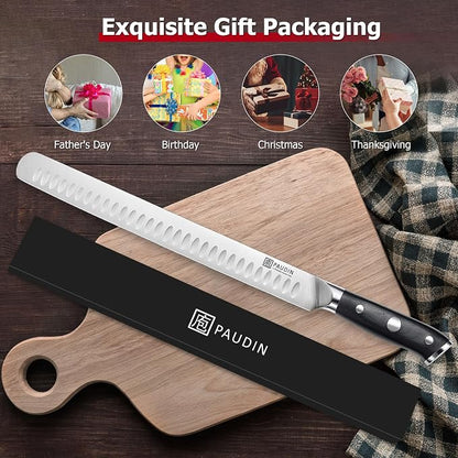 PAUDIN Brisket Knife, 12 Inch Dishwasher Safe Carving Slicing Knife for Meat, Razor Sharp German 1.4116 Steel Smoked Meat Cutter with Non-Slip Ergonomic G10 Handle & Gift Box, Perfect Gifts for Men