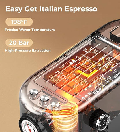 atatix 20 Bar Espresso Machine with Milk Frother, Compact Espresso Maker, Stainless Steel Coffee Machine with Precise Temp Control & 44oz Removable Water Tank for Latte, Cappuccino, Dark Grey