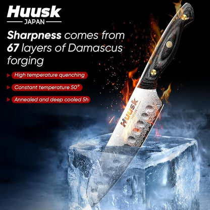 Huusk Damascus Santoku Knife 7 inch, Japanese Knives with Sharp Edge and Wooden Handle Hand Forged Chef Knives for Home Use, Meat Vegetables Fish Knives, Christmas Gift for Men and Women