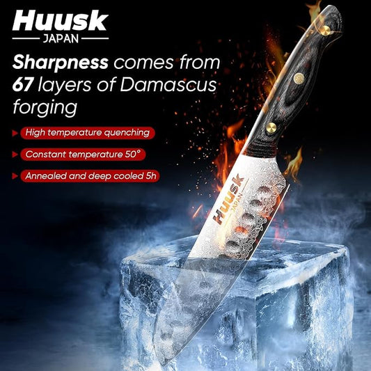 Huusk Damascus Santoku Knife 7 inch, Japanese Knives with Sharp Edge and Wooden Handle Hand Forged Chef Knives for Home Use, Meat Vegetables Fish Knives, Christmas Gift for Men and Women