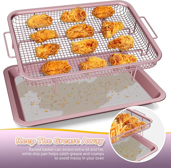 Oven Air Fryer Basket and Tray, OPENICE 2 Set Air Fryer Basket and Tray for Oven with 60 Pcs Parchment Paper, Air Fryer Pan Crisper Tray for Baking, Crisping - Pink