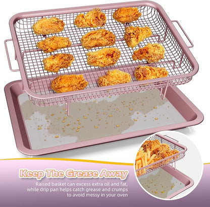 Oven Air Fryer Basket and Tray, OPENICE 2 Set Air Fryer Basket and Tray for Oven with 60 Pcs Parchment Paper, Air Fryer Pan Crisper Tray for Baking, Crisping - Pink
