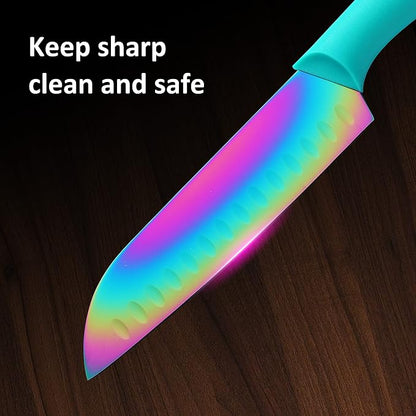 Knife Set with Spoons, KYA37B Knife Sets with Blade Guards and Measuring Spoons, Marco Almond® Rainbow Color 17-Piece Stainless Steel Kitchen Knives Set with Covers