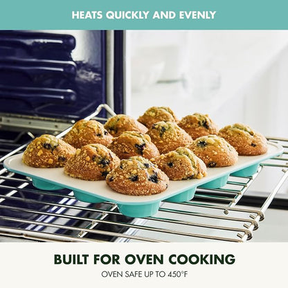GreenPan Bakewell 12-Cup Muffin Pan, Healthy Ceramic Nonstick Bakeware, PFAS-Free Cupcake Mold, Durable Baking Tray, Versatile Kitchen Essentials, Easy Clean Ovenware, Turquoise
