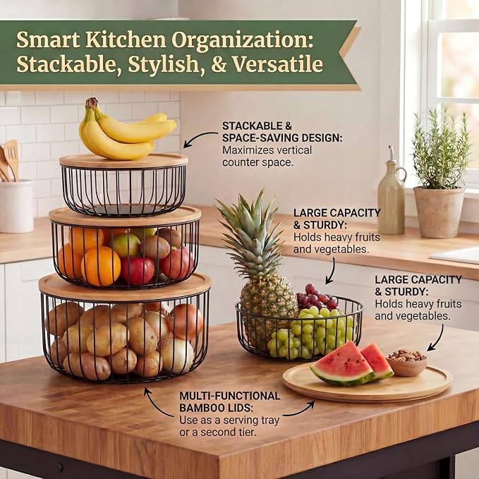Stackable Fruit Basket for Kitchen Counter, 3-Piece Mesh Fruit Basket Set with Bamboo Lids, Large Decorative Produce & Vegetable Storage Organizer for Countertop