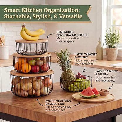 Stackable Fruit Basket for Kitchen Counter, 3-Piece Mesh Fruit Basket Set with Bamboo Lids, Large Decorative Produce & Vegetable Storage Organizer for Countertop