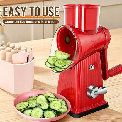 Rotary Cheese Grater with 5 Well-designed Blades & Strong Suction Base, Kitchen Mandoline Vegetable Slicer with Blade Storage Box (RED)