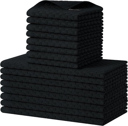 Homaxy 100% Cotton Kitchen Towels and Dishcloths Set, 12 x 12 & 15 x 25 Inches, Set of 16 Bulk Terry Cloth Dish Towels, Super Soft and Absorbent Hand Towel with Hanging Loop, Black