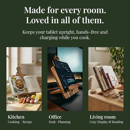 Wooden Cookbook Stand for Kitchen Counter - Reversible Recipe Book Holder with Cooking Measurement Conversion Card - Gift-Ready Adjustable Tablet Cookbook Holder Stand - 13.7"x8.2"