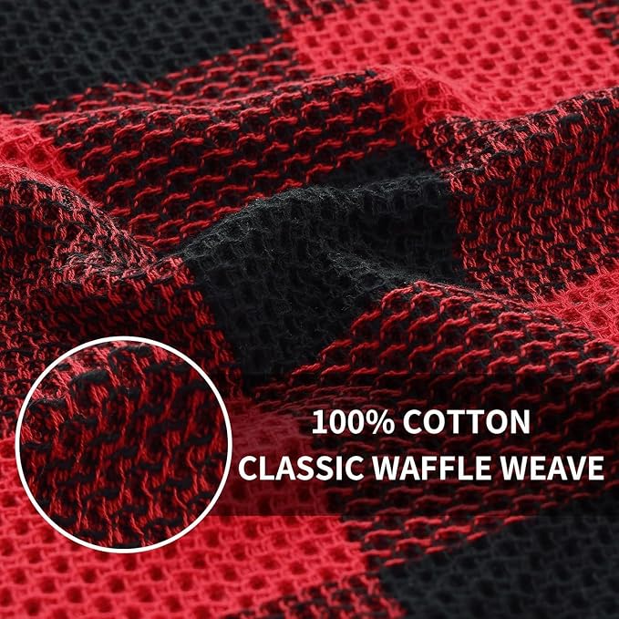 Homaxy Kitchen Towels and Dishcloths Set, 12 x 12 and 13 x 28 Inches, Set of 12 100% Cotton Waffle Weave Check Plaid Kitchen Dish Towels, Super Soft and Absorbent Dish Cloths, Black & Red