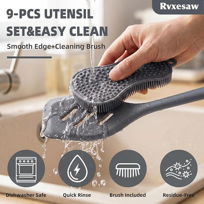 Kitchen Utensils Set,9 PCS Silicone Cooking Utensils Set Spatula Set,Non Toxic Cooking Utensils,Tongs,Spoon,Whisk,Brush,BPA Free Kitchen Gadgets for Non-Stick Cookware,Home Essential(Gray-9P)