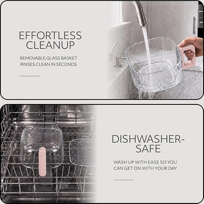 WILLOW Eco Series 6 in 1 Air Fryer with Glass Basket, 5 Quart Non Toxic Air Fryer w Digital Display, 430°F Max Temp, Preheat & Keep Warm Function, Compact + Dishwasher Safe Glass Pink Airfryer