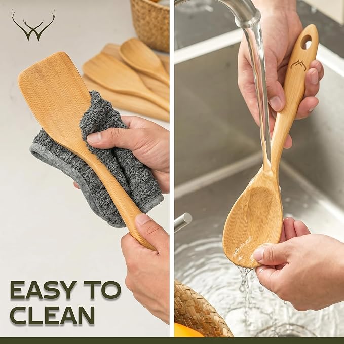 Prime Bamboo Wooden Spoons for Cooking Set of 3 Pcs – Wooden Cooking Utensils with Long Handle, Includes Flat Wood Spoon, Bamboo Spatula, and Slotted Spoon for Kitchen Utensils Set