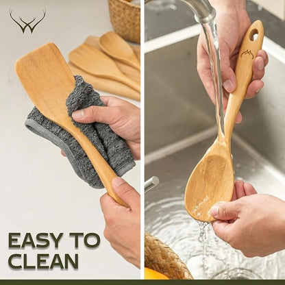 Prime Bamboo Wooden Spoons for Cooking Set of 3 Pcs – Wooden Cooking Utensils with Long Handle, Includes Flat Wood Spoon, Bamboo Spatula, and Slotted Spoon for Kitchen Utensils Set