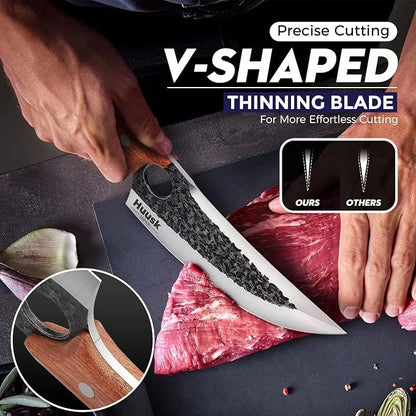 Huusk Japanese Knife with Leather Sheath, Full Tang Viking Chef Knives | Hand Forged High Carbon Steel Meat Cleaver with Finger Hole for Camping Outdoor BBQ Cooking Kitchen, Fathers' Day Gift