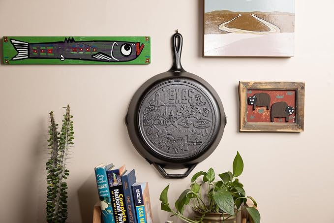 Lodge 12 Inch Cast Iron Skillet – Pre-Seasoned Frying Pan with Teardrop Handle – Oven, Stovetop, Grill & Campfire Use – Made in USA – Non-Toxic, Even-Heating Cookware – Texas