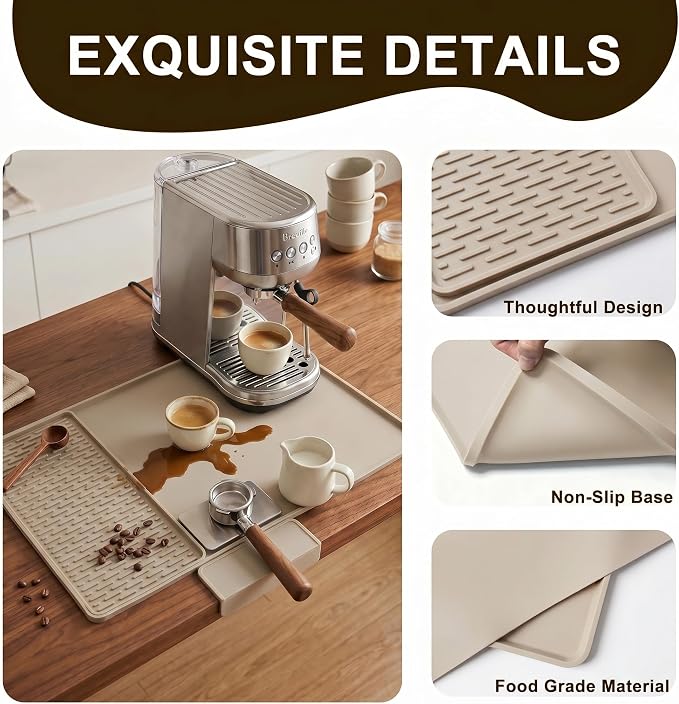 Caketime 2 In 1 Silicone Coffee Bar Mat Accessories for espresso Machine with Detachable Dish Drying Rug Waterproof Kitchen Office House Gadgets Under Sink Drainer 2026 Must Haves 16"x16" Beige